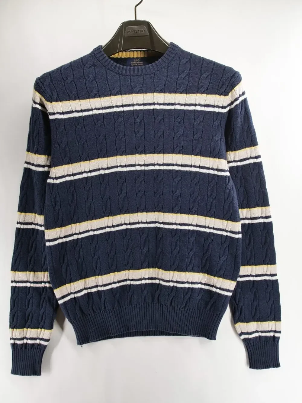 Brooks Brothers 346 Men's S Navy White Yellow Striped Cable Knit Crewneck Supima
